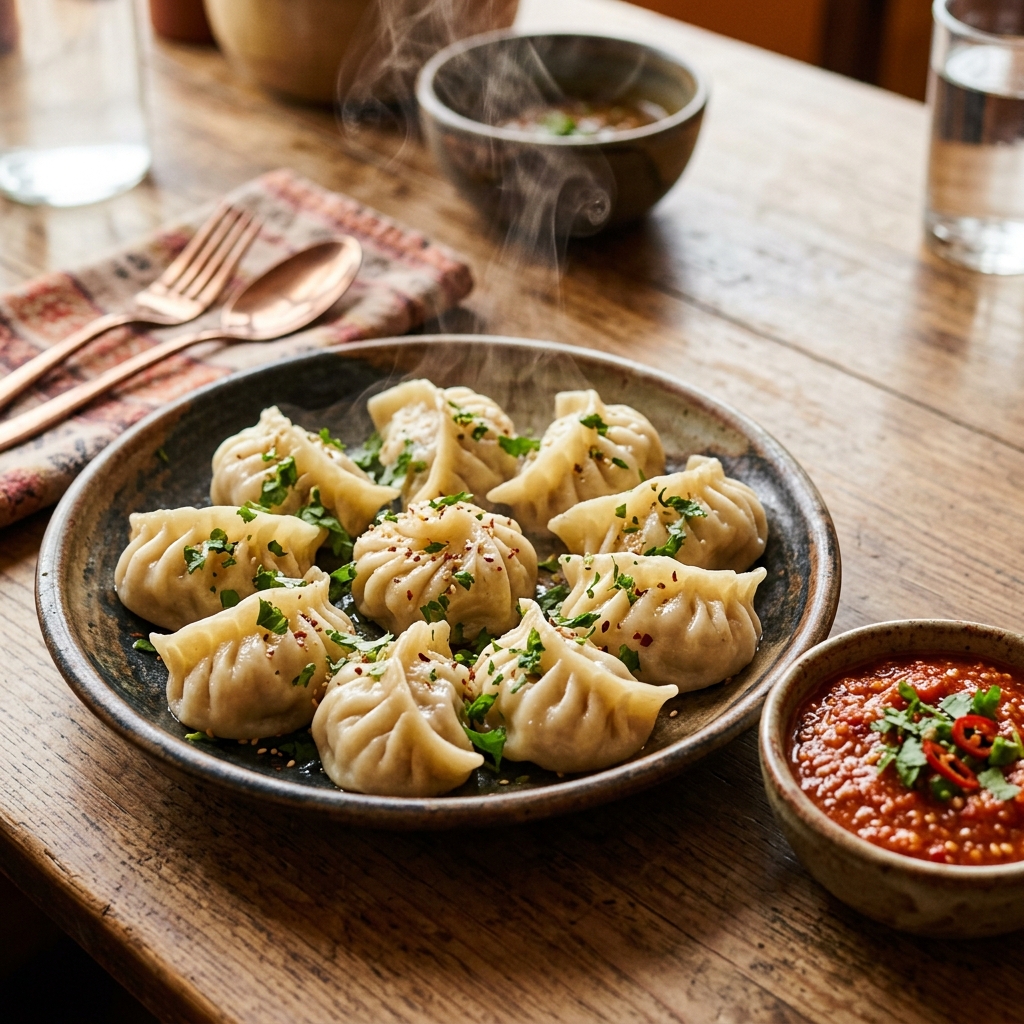 Steaming plate of Nepalese Momo